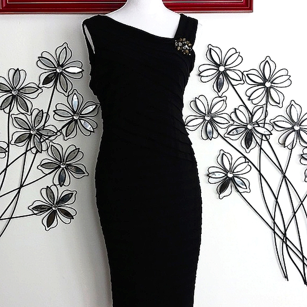 Dressbarn black layered detailed dress, slated neckline